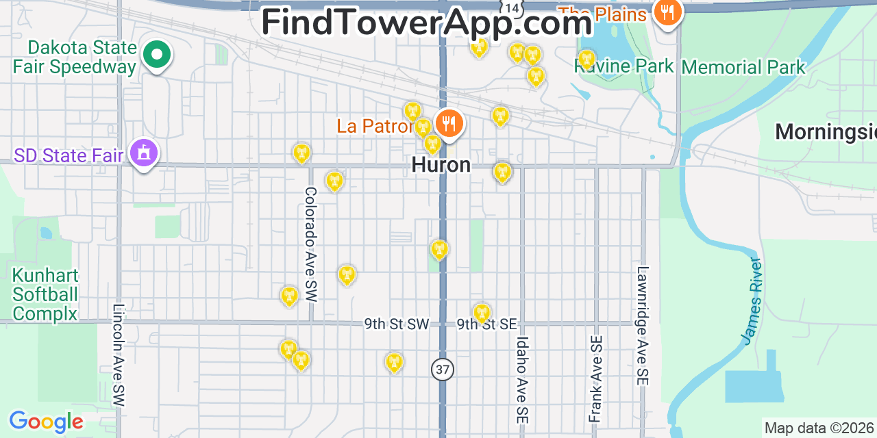 Map showing the 20 primary cell tower locations detected in Huron, South Dakota from AT&T, Verizon, and T-Mobile networks