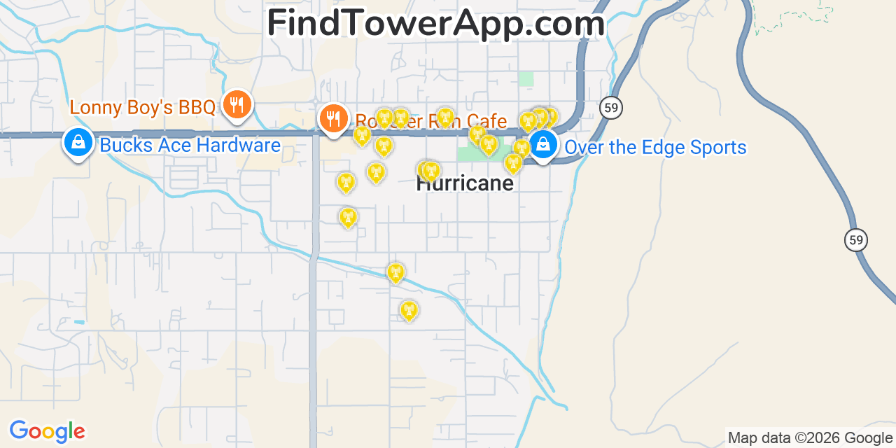 Map showing the 20 primary cell tower locations detected in Hurricane, Utah from AT&T, Verizon, and T-Mobile networks