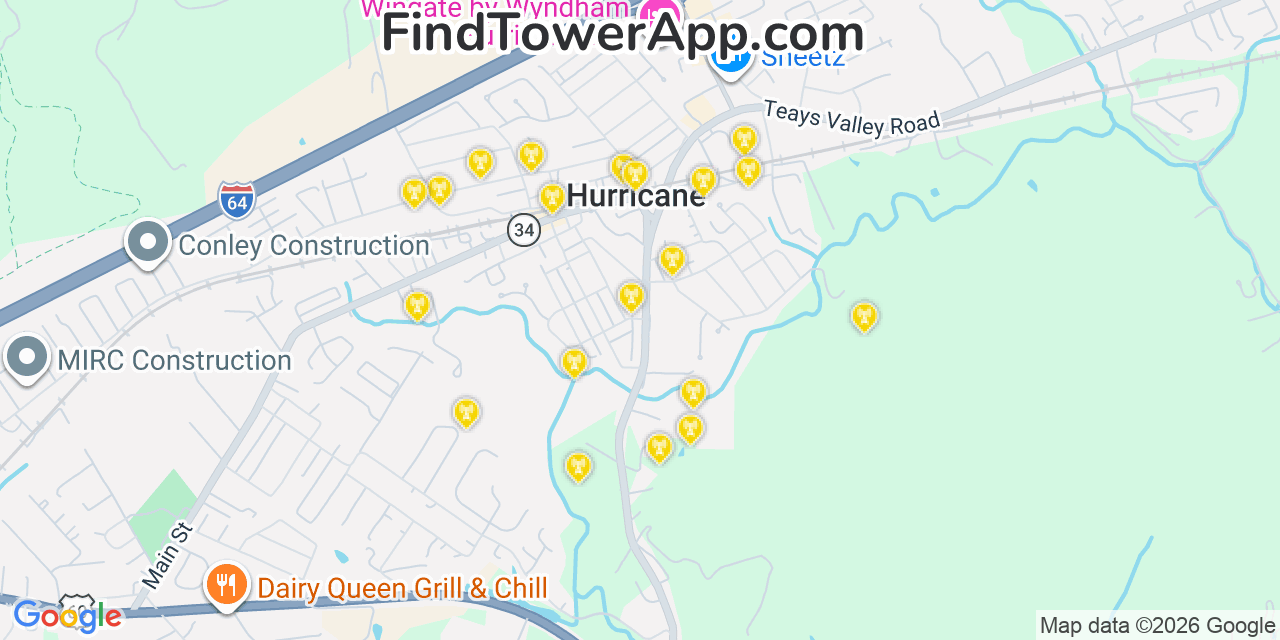 Map showing the 20 primary cell tower locations detected in Hurricane, West Virginia from AT&T, Verizon, and T-Mobile networks