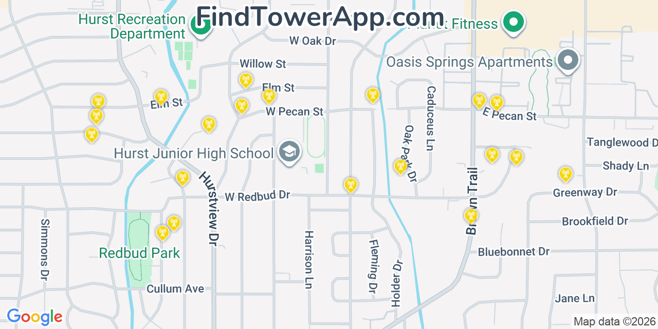 Map showing the 20 primary cell tower locations detected in Hurst, Texas from AT&T, Verizon, and T-Mobile networks