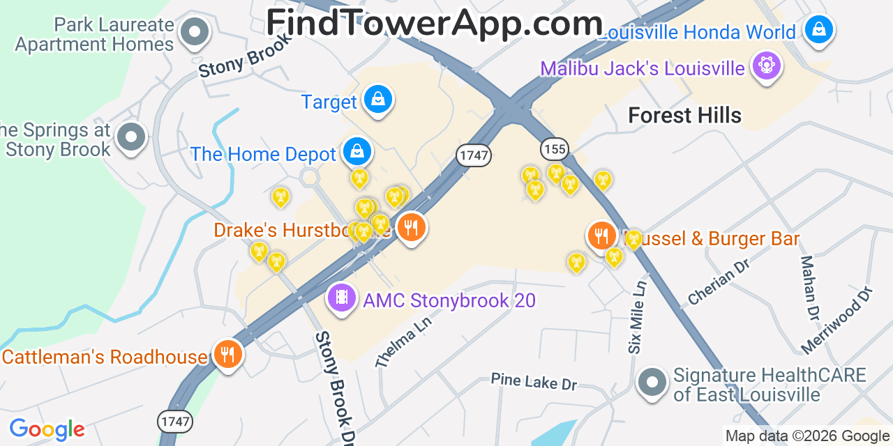 Map showing the 20 primary cell tower locations detected in Hurstbourne Acres, Kentucky from AT&T, Verizon, and T-Mobile networks