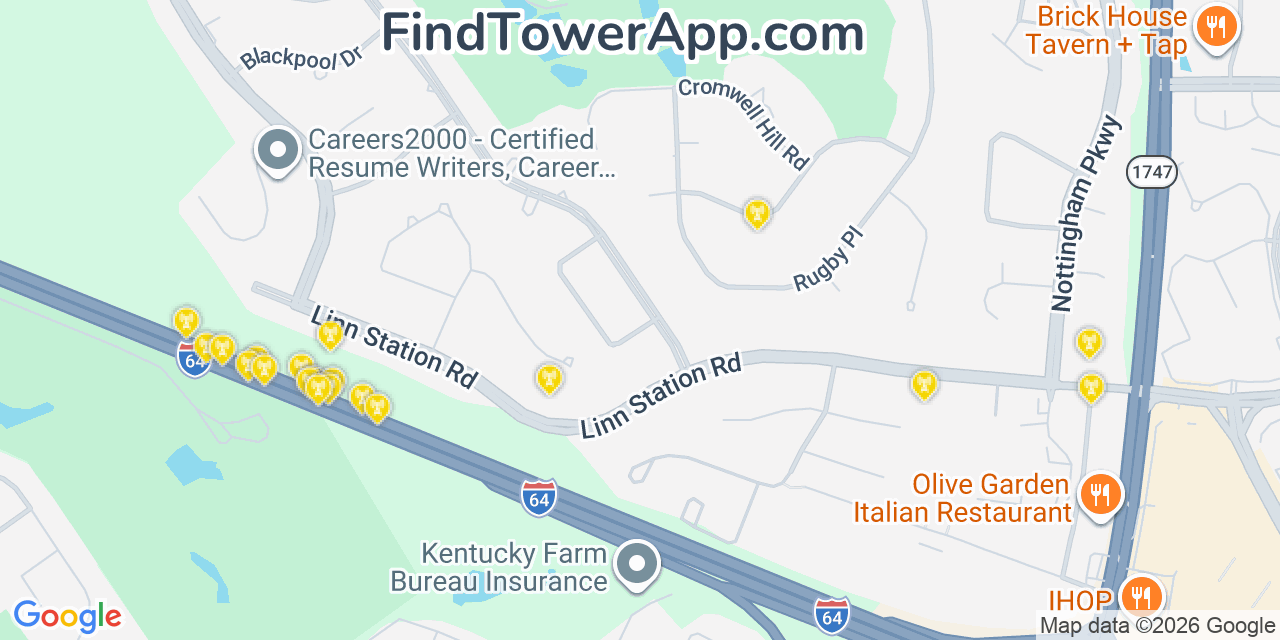 Map showing the 20 primary cell tower locations detected in Hurstbourne, Kentucky from AT&T, Verizon, and T-Mobile networks