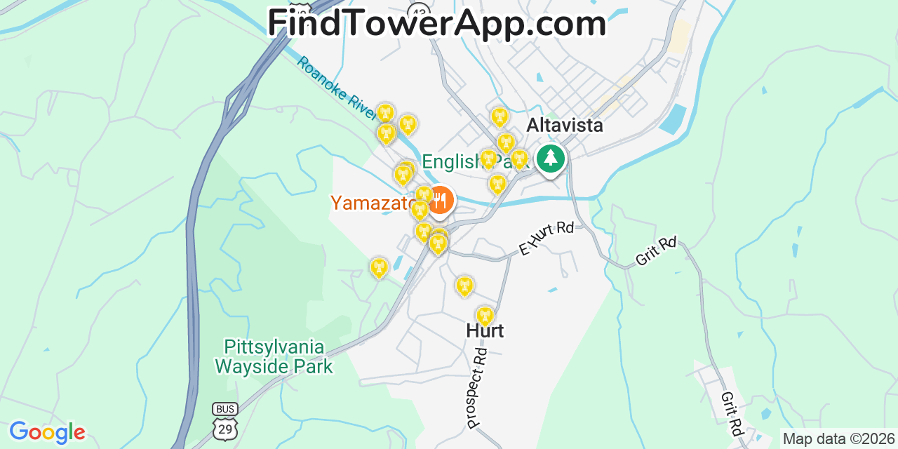 Map showing the 20 primary cell tower locations detected in Hurt, Virginia from AT&T, Verizon, and T-Mobile networks