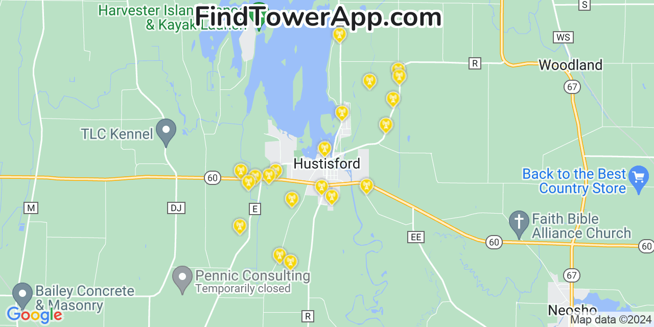 AT&T 4G/5G cell tower coverage map Hustisford, Wisconsin