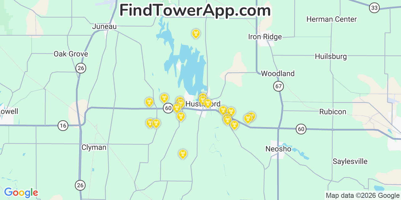 Map showing the 20 primary cell tower locations detected in Hustisford, Wisconsin from AT&T, Verizon, and T-Mobile networks