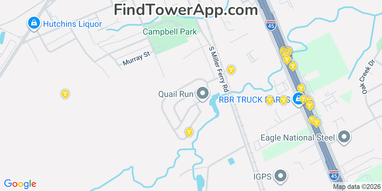Map showing the 20 primary cell tower locations detected in Hutchins, Texas from AT&T, Verizon, and T-Mobile networks