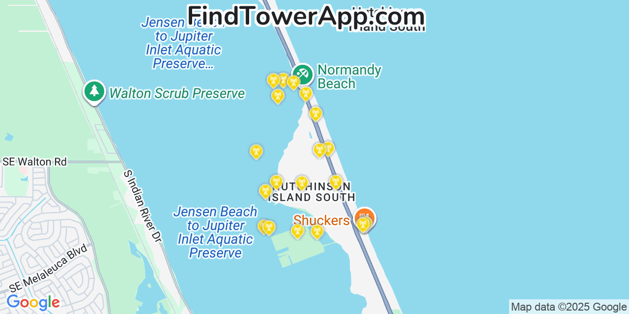 Map showing the 20 primary cell tower locations detected in Hutchinson Island South, Florida from AT&T, Verizon, and T-Mobile networks