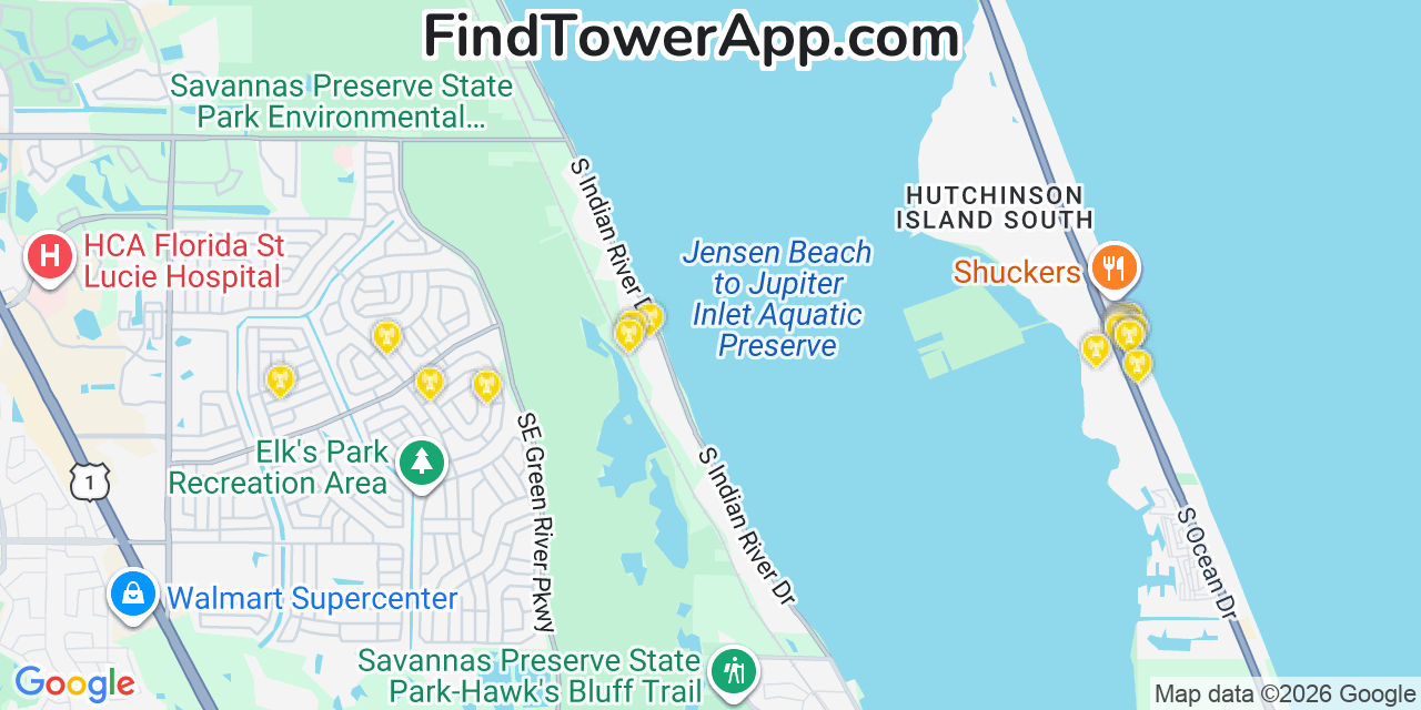 Map showing the 20 primary cell tower locations detected in Hutchinson Island South, Florida from AT&T, Verizon, and T-Mobile networks