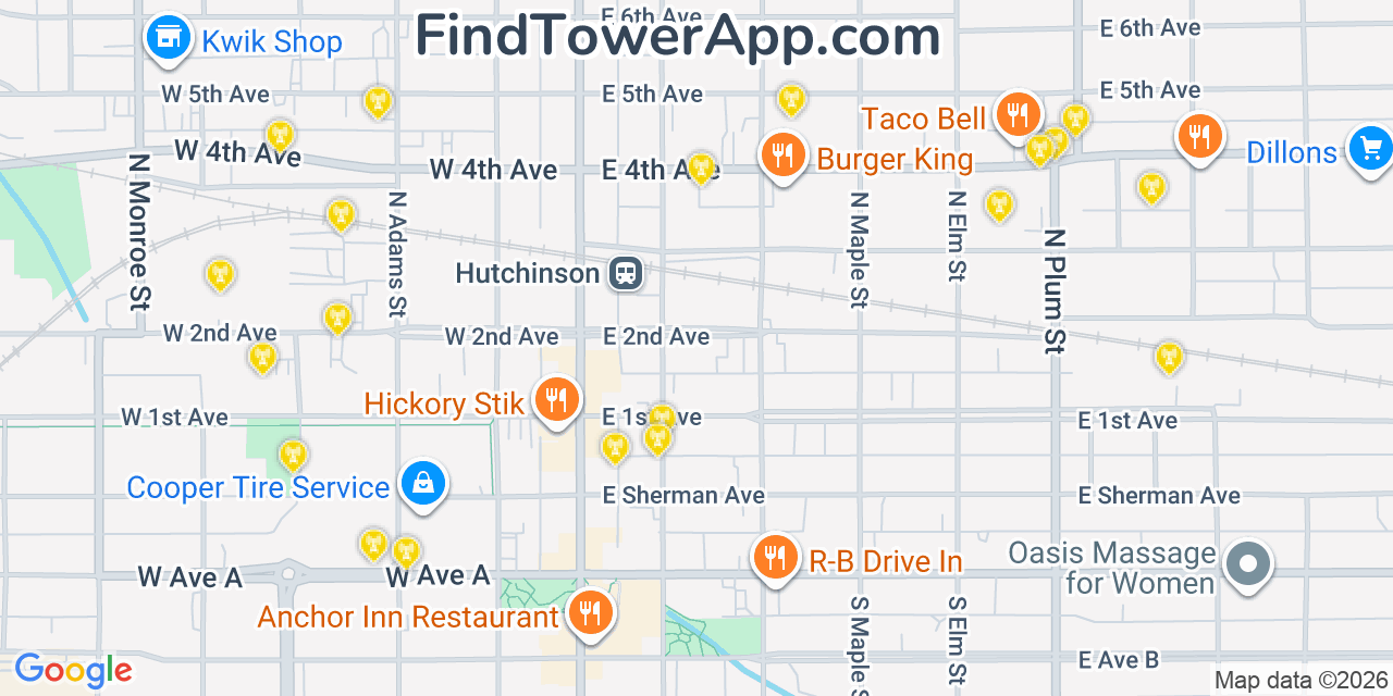 Map showing the 20 primary cell tower locations detected in Hutchinson, Kansas from AT&T, Verizon, and T-Mobile networks