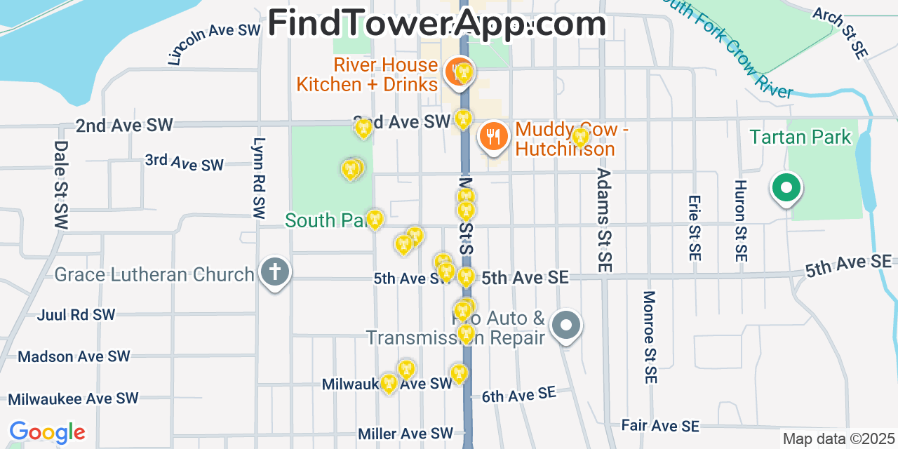 Map showing the 20 primary cell tower locations detected in Hutchinson, Minnesota from AT&T, Verizon, and T-Mobile networks