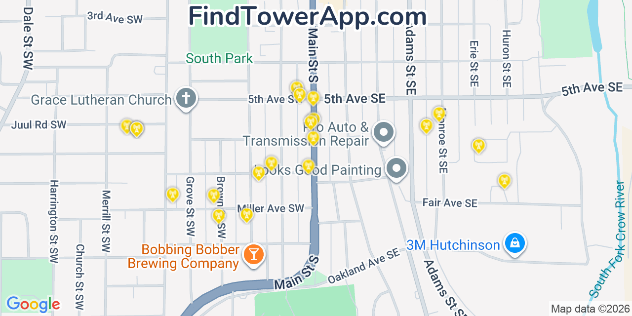 Map showing the 20 primary cell tower locations detected in Hutchinson, Minnesota from AT&T, Verizon, and T-Mobile networks