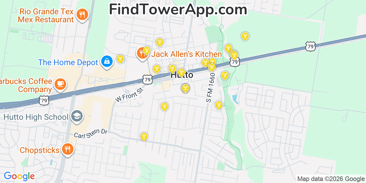 Map showing the 20 primary cell tower locations detected in Hutto, Texas from AT&T, Verizon, and T-Mobile networks