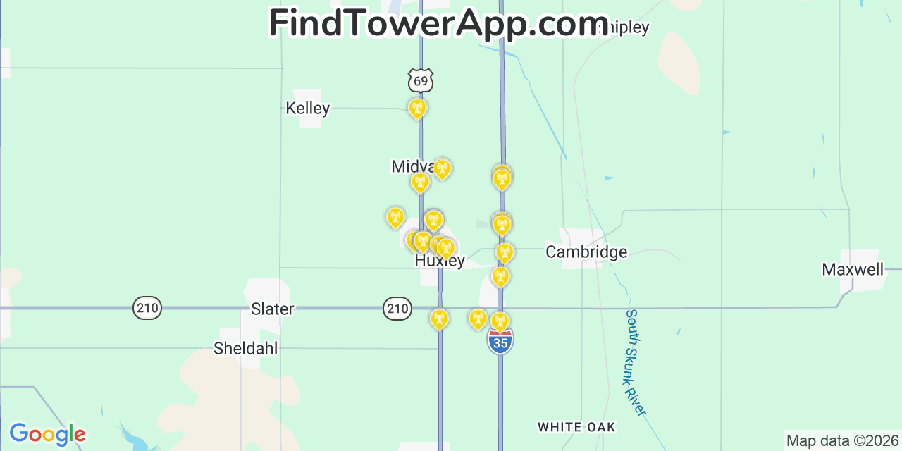 Map showing the 20 primary cell tower locations detected in Huxley, Iowa from AT&T, Verizon, and T-Mobile networks