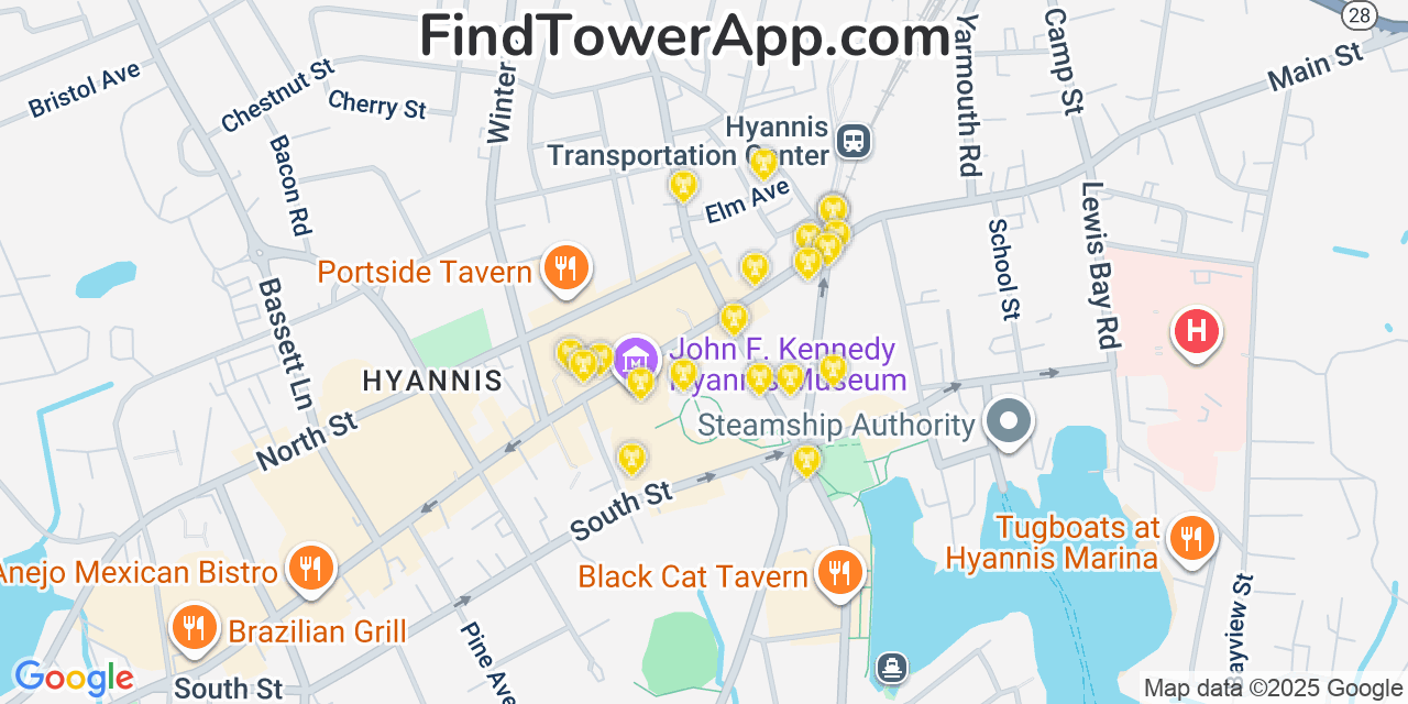 Map showing the 20 primary cell tower locations detected in Hyannis, Massachusetts from AT&T, Verizon, and T-Mobile networks