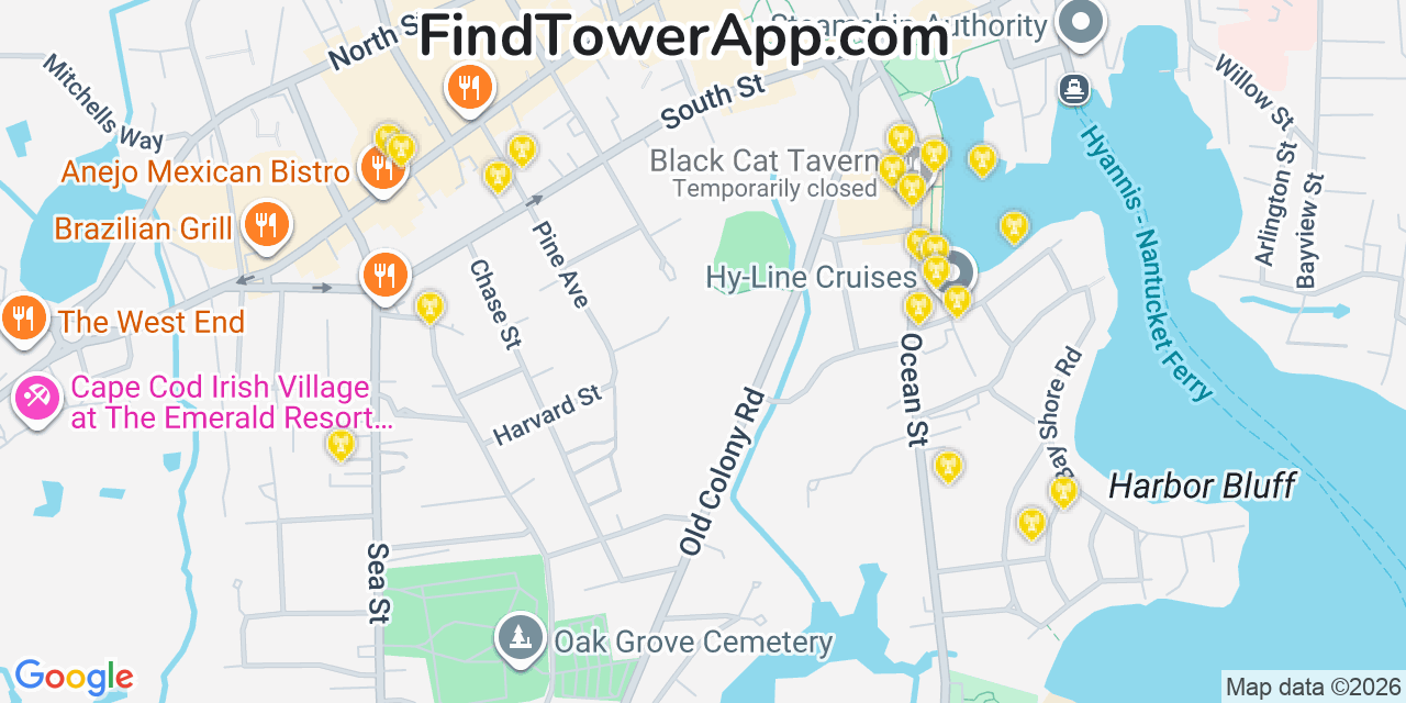 Map showing the 20 primary cell tower locations detected in Hyannis, Massachusetts from AT&T, Verizon, and T-Mobile networks