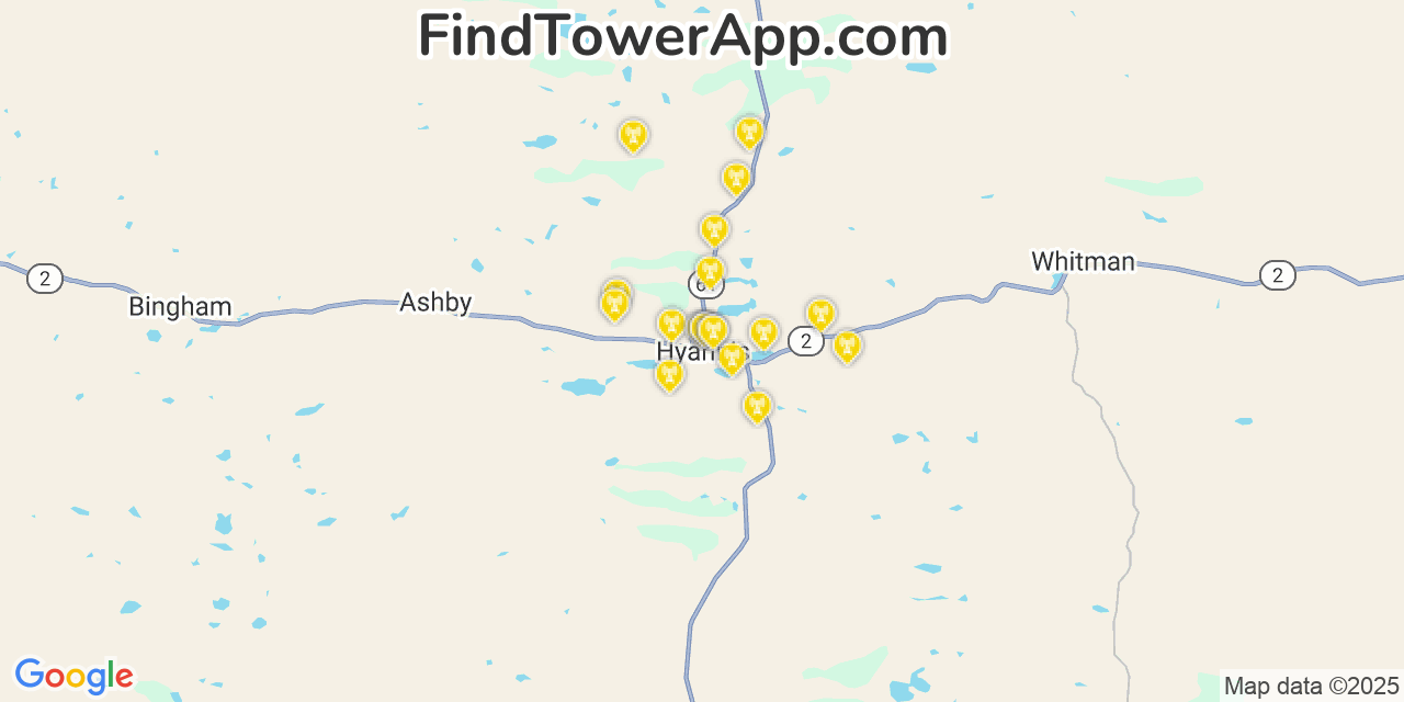 Map showing the 20 primary cell tower locations detected in Hyannis, Nebraska from AT&T, Verizon, and T-Mobile networks