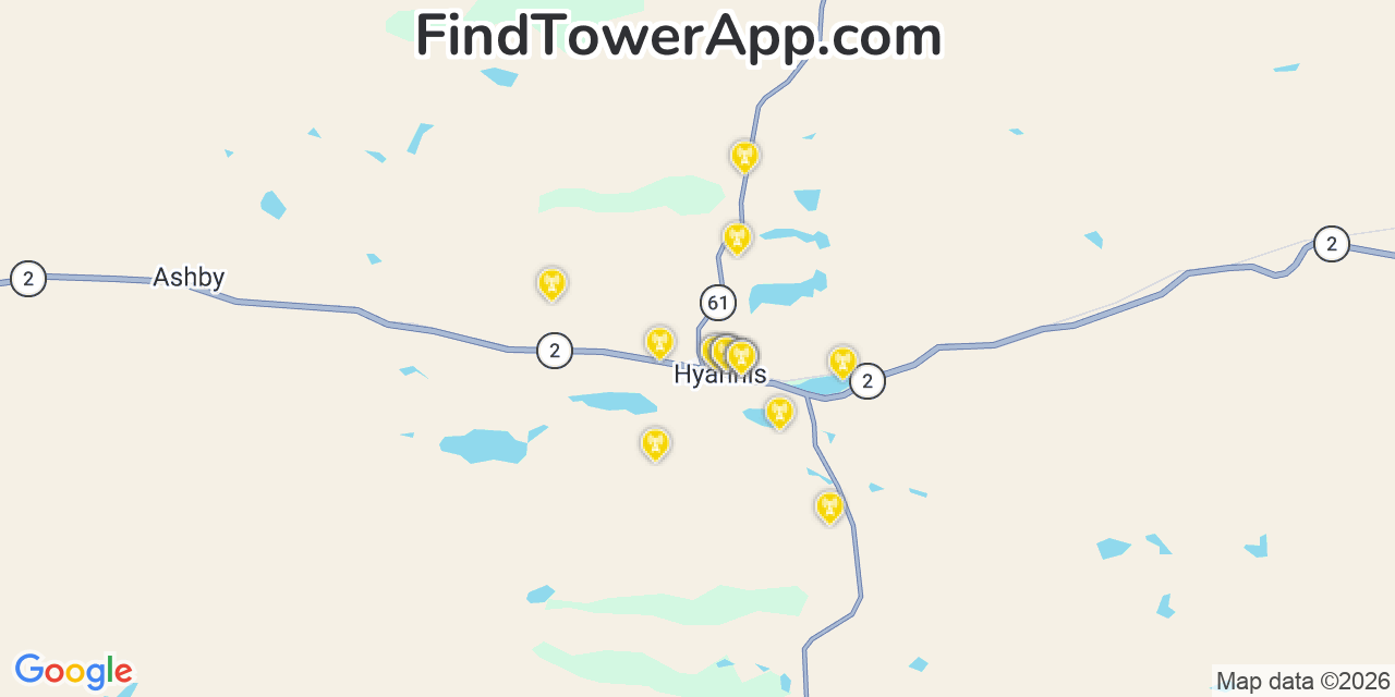 Map showing the 20 primary cell tower locations detected in Hyannis, Nebraska from AT&T, Verizon, and T-Mobile networks