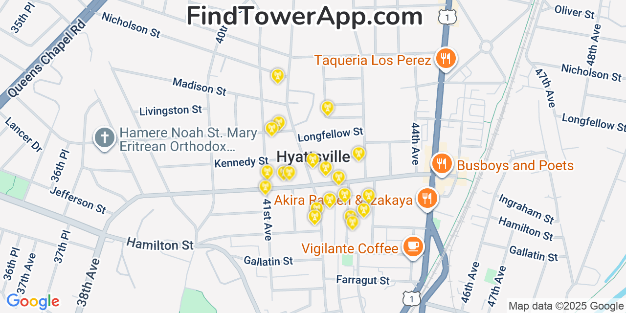 Map showing the 20 primary cell tower locations detected in Hyattsville, Maryland from AT&T, Verizon, and T-Mobile networks