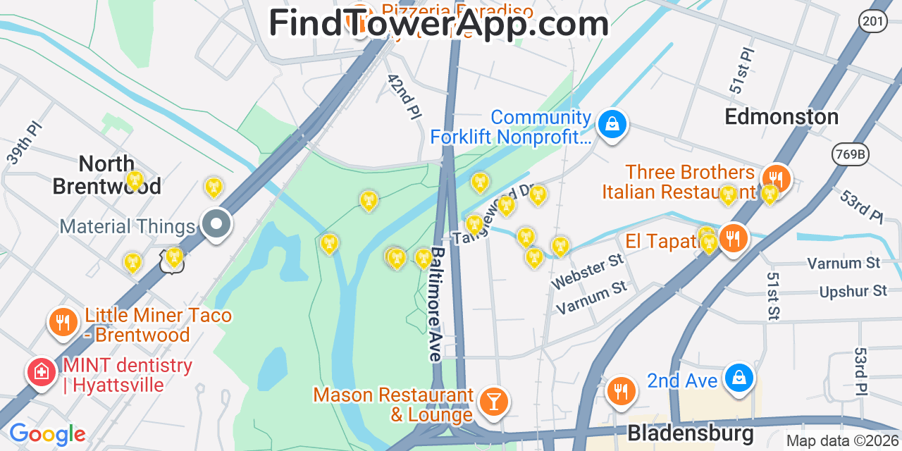 Map showing the 20 primary cell tower locations detected in Hyattsville, Maryland from AT&T, Verizon, and T-Mobile networks
