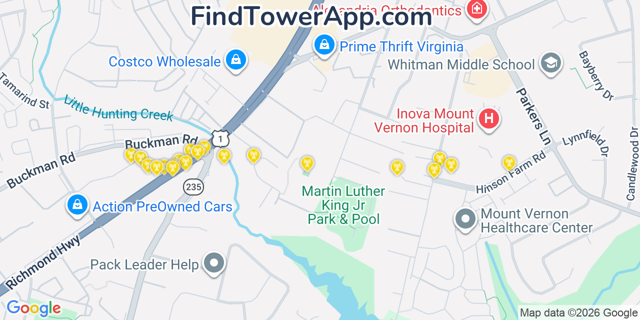Map showing the 20 primary cell tower locations detected in Hybla Valley, Virginia from AT&T, Verizon, and T-Mobile networks
