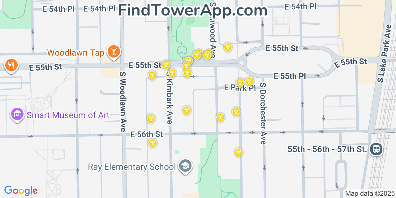 Map showing the 20 primary cell tower locations detected in Hyde Park, Illinois from AT&T, Verizon, and T-Mobile networks