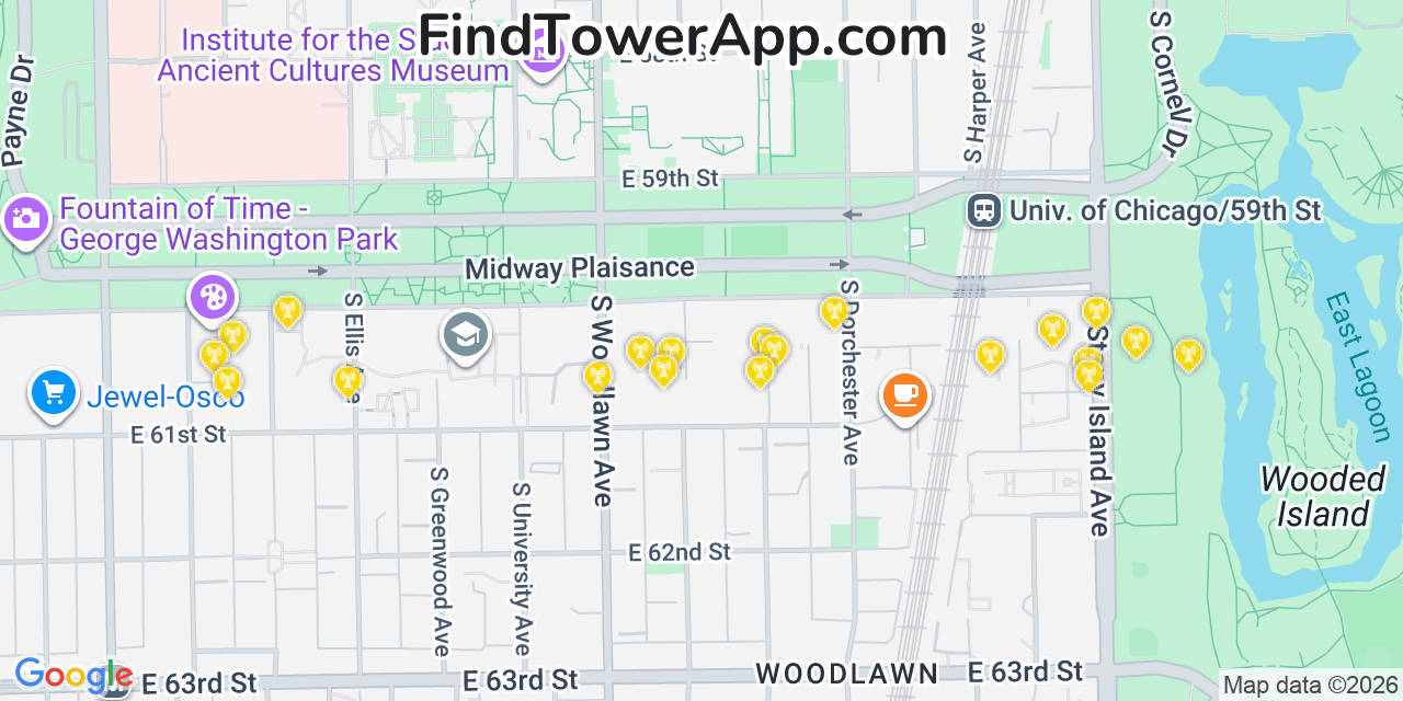 Map showing the 20 primary cell tower locations detected in Hyde Park, Illinois from AT&T, Verizon, and T-Mobile networks