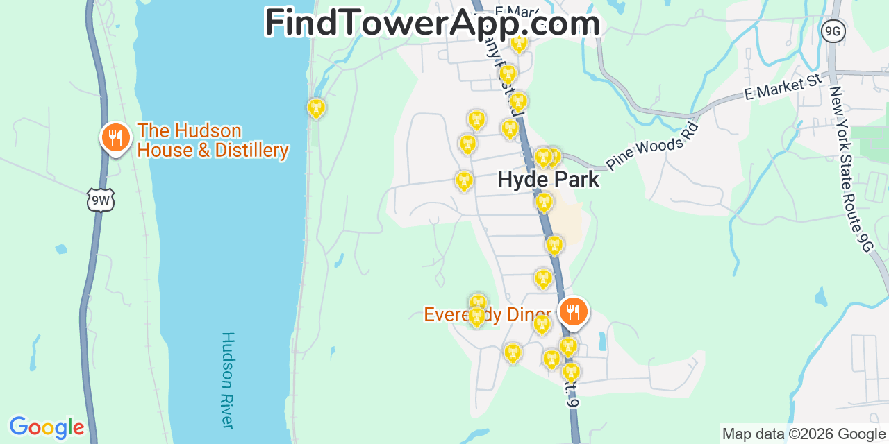 Map showing the 20 primary cell tower locations detected in Hyde Park, New York from AT&T, Verizon, and T-Mobile networks