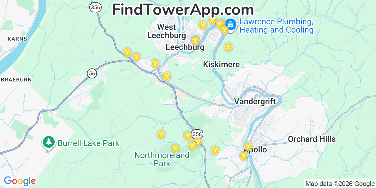Map showing the 20 primary cell tower locations detected in Hyde Park, Pennsylvania from AT&T, Verizon, and T-Mobile networks