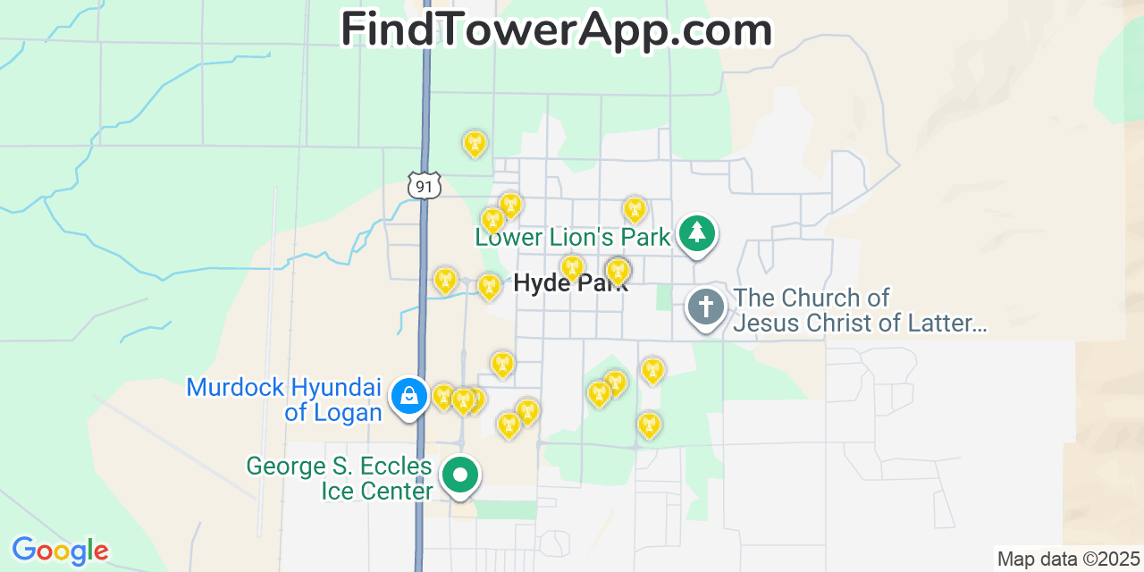 Map showing the 20 primary cell tower locations detected in Hyde Park, Utah from AT&T, Verizon, and T-Mobile networks