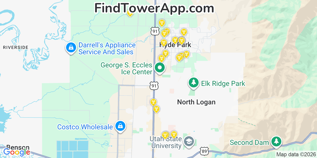 Map showing the 20 primary cell tower locations detected in Hyde Park, Utah from AT&T, Verizon, and T-Mobile networks