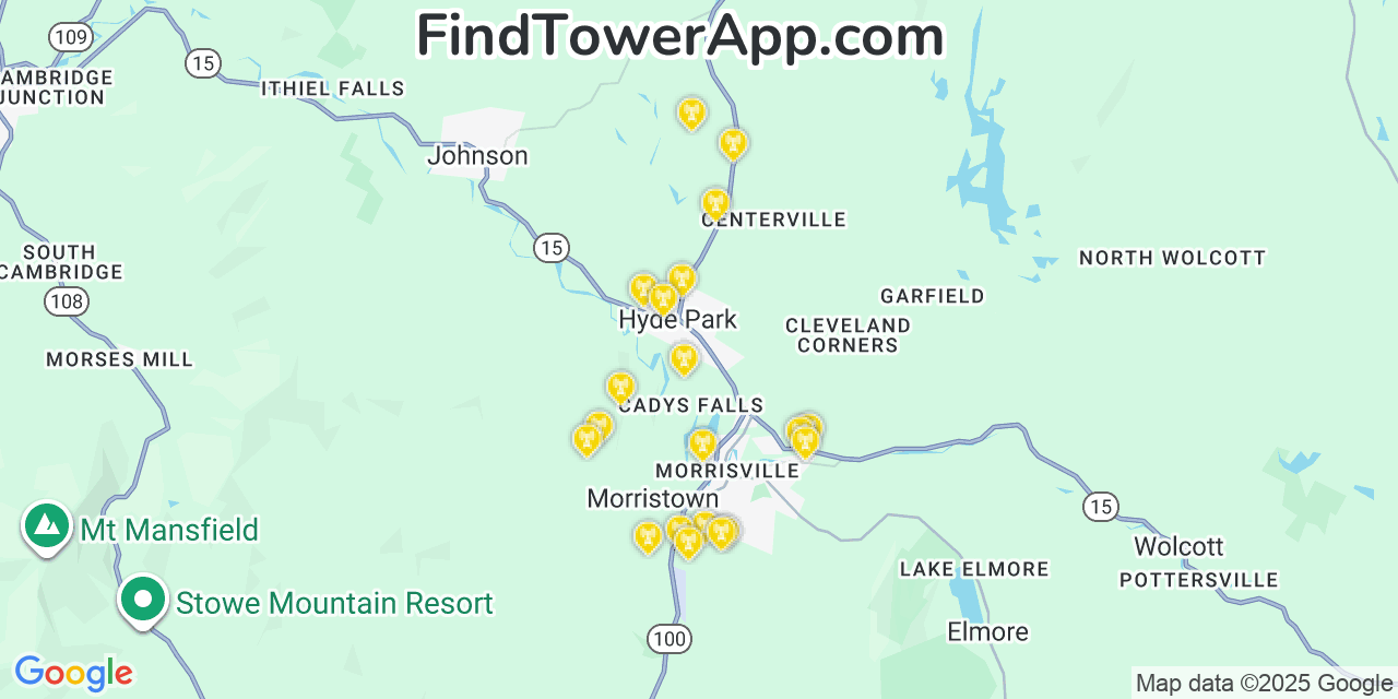 Map showing the 20 primary cell tower locations detected in Hyde Park, Vermont from AT&T, Verizon, and T-Mobile networks