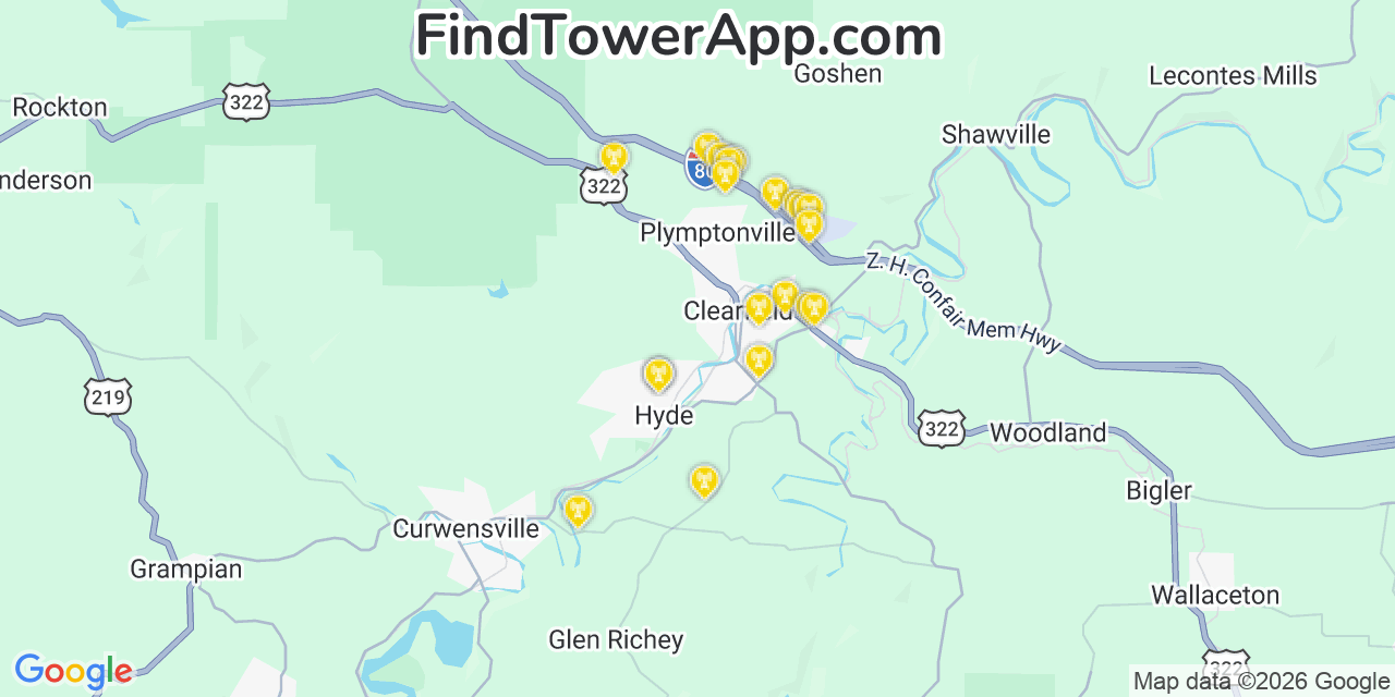 Map showing the 20 primary cell tower locations detected in Hyde, Pennsylvania from AT&T, Verizon, and T-Mobile networks