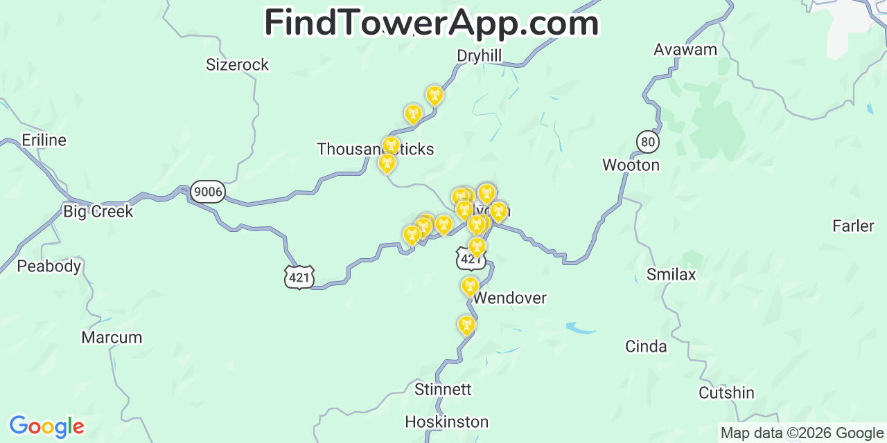 Map showing the 20 primary cell tower locations detected in Hyden, Kentucky from AT&T, Verizon, and T-Mobile networks