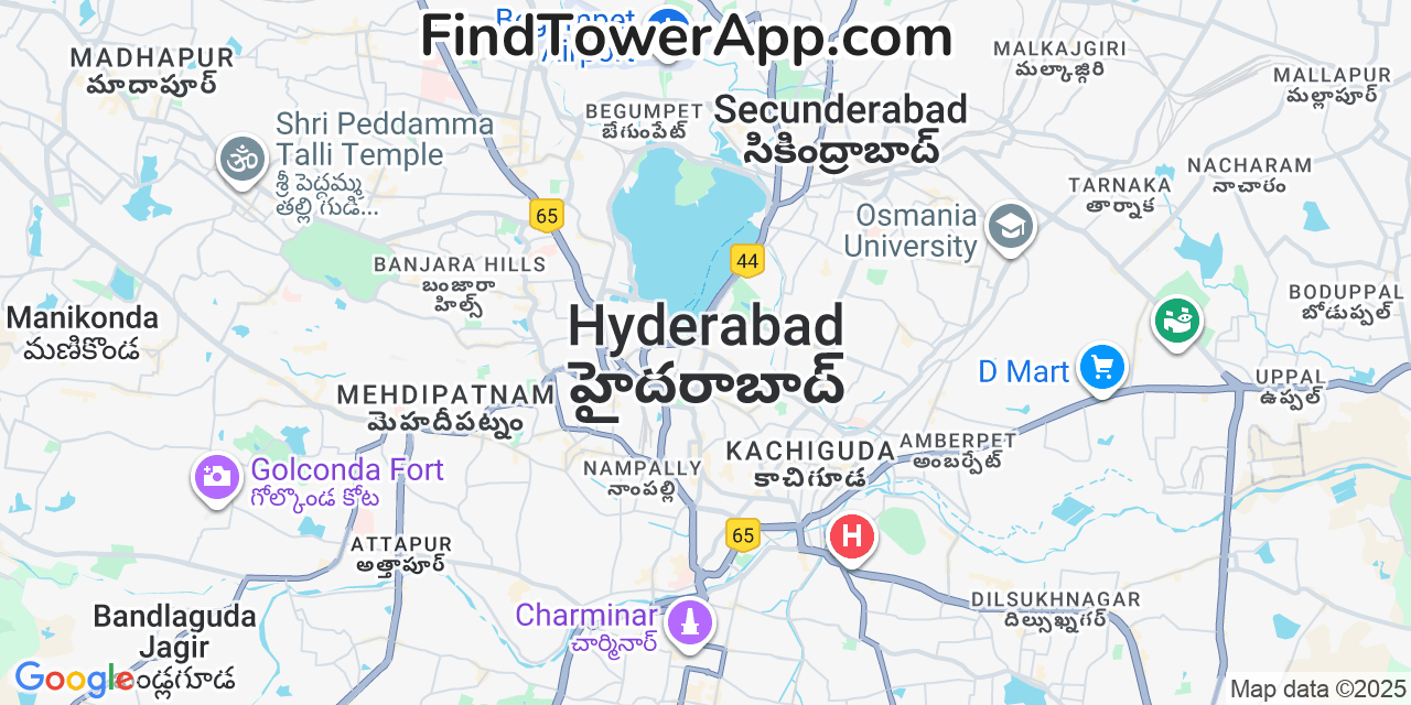 Map showing the 0 primary Jio cell tower locations detected in Hyderabad, India with coverage radius and signal strength indicators
