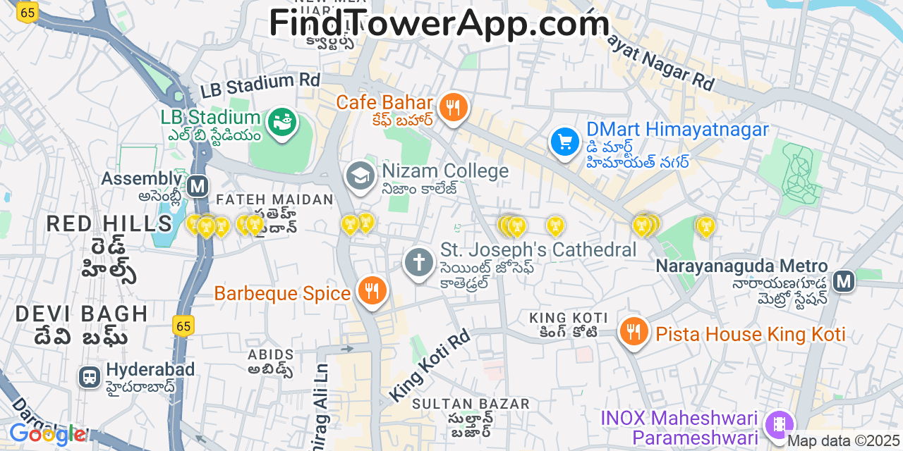 Map showing the 20 primary cell tower locations detected in Hyderabad, India with coverage areas and signal strength