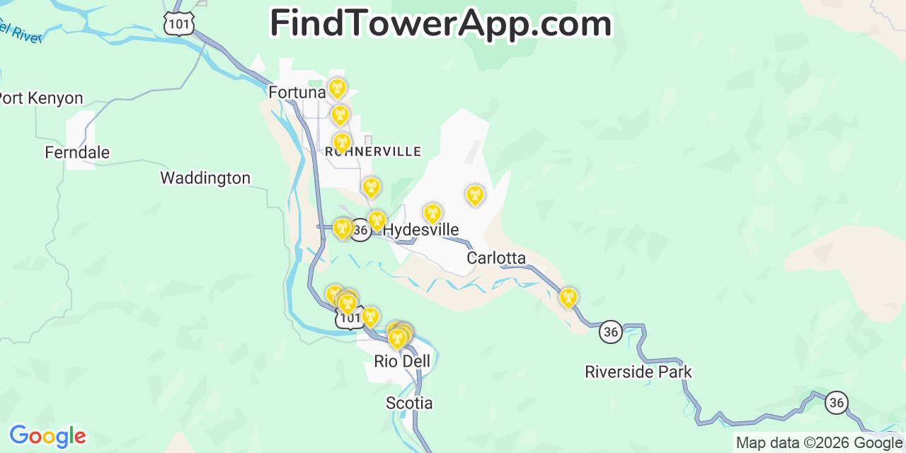 Map showing the 20 primary cell tower locations detected in Hydesville, California from AT&T, Verizon, and T-Mobile networks