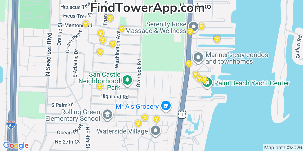 Map showing the 20 primary cell tower locations detected in Hypoluxo, Florida from AT&T, Verizon, and T-Mobile networks