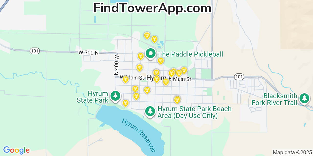 Map showing the 20 primary cell tower locations detected in Hyrum, Utah from AT&T, Verizon, and T-Mobile networks