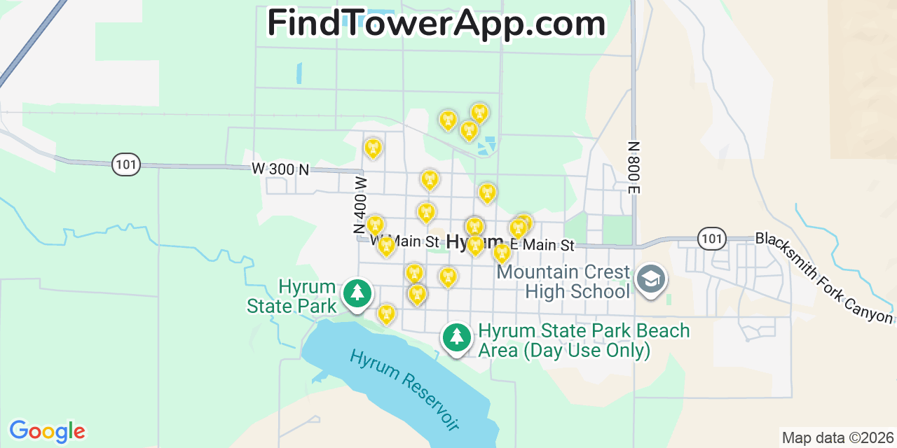 Map showing the 20 primary cell tower locations detected in Hyrum, Utah from AT&T, Verizon, and T-Mobile networks