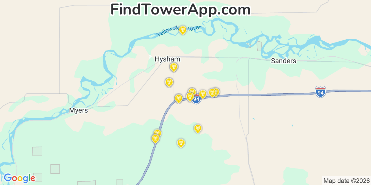 Map showing the 20 primary cell tower locations detected in Hysham, Montana from AT&T, Verizon, and T-Mobile networks