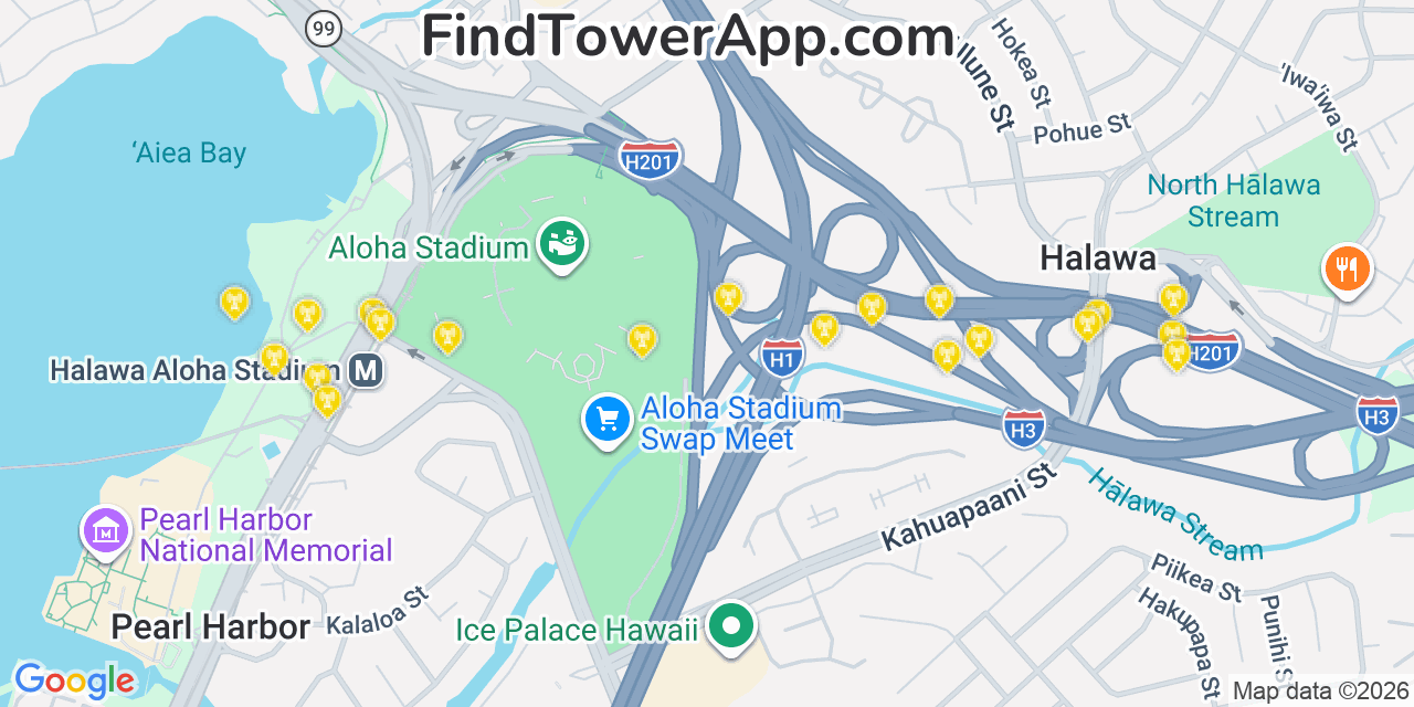 Map showing the 20 primary AT&T cell tower locations detected in Ï¿½Aiea, Hawaii with coverage radius and signal strength indicators