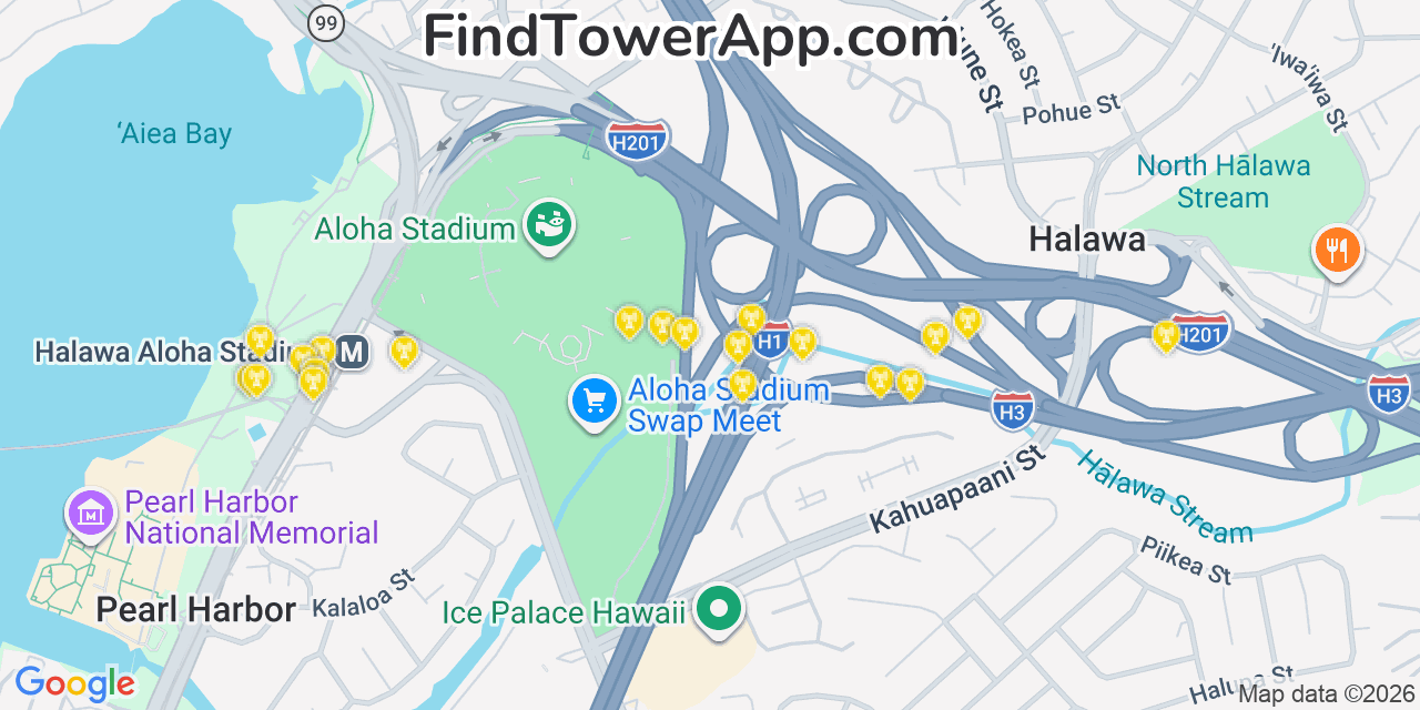 Map showing the 20 primary cell tower locations detected in Ï¿½Aiea, Hawaii from AT&T, Verizon, and T-Mobile networks