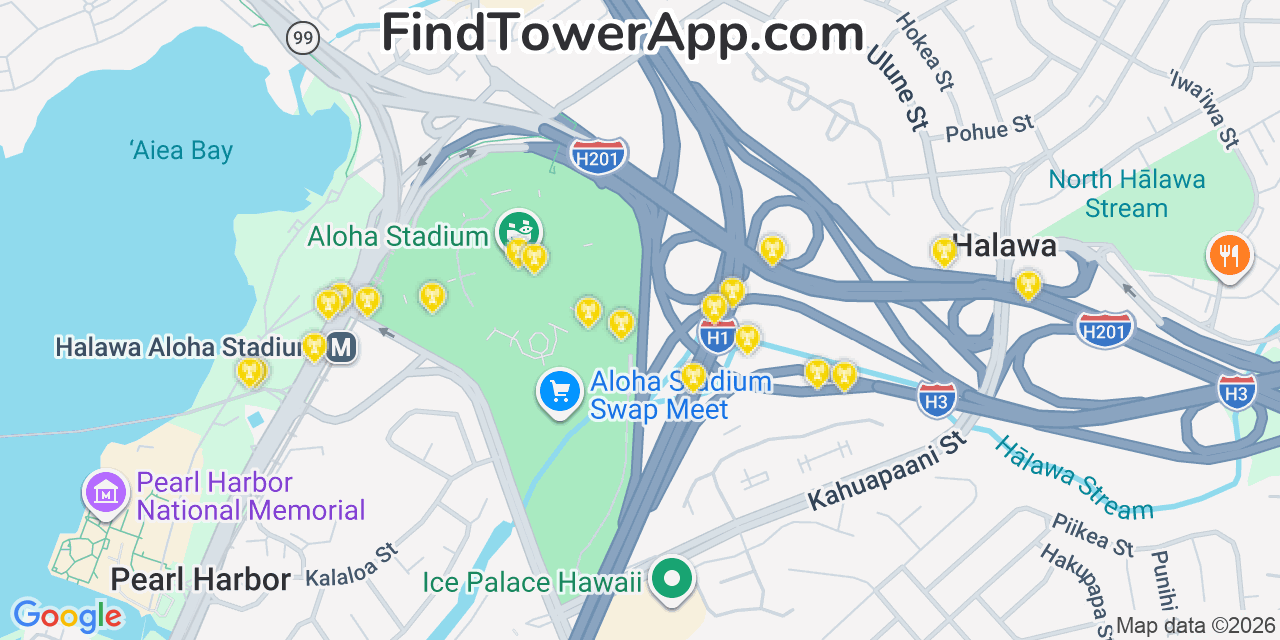 Map showing the 20 primary T-Mobile cell tower locations detected in Ï¿½Aiea, Hawaii with coverage radius and signal strength indicators