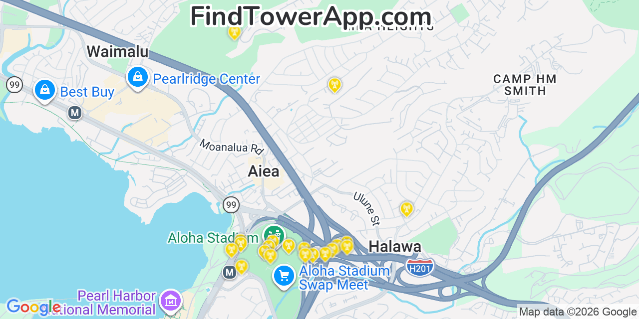 Map showing the 20 primary Verizon cell tower locations detected in Ï¿½Aiea, Hawaii with coverage radius and signal strength indicators