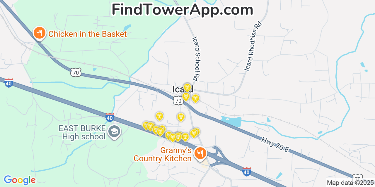 Map showing the 20 primary cell tower locations detected in Icard, North Carolina from AT&T, Verizon, and T-Mobile networks
