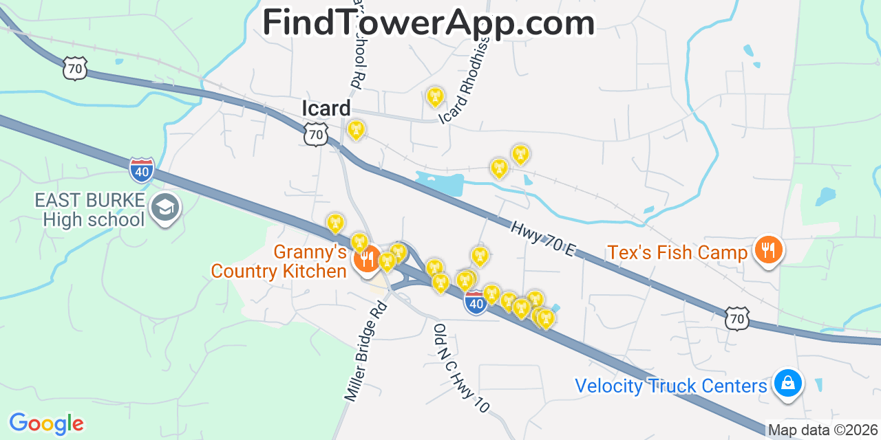 Map showing the 20 primary cell tower locations detected in Icard, North Carolina from AT&T, Verizon, and T-Mobile networks