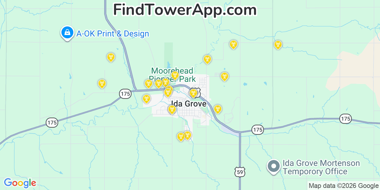 Map showing the 20 primary cell tower locations detected in Ida Grove, Iowa from AT&T, Verizon, and T-Mobile networks