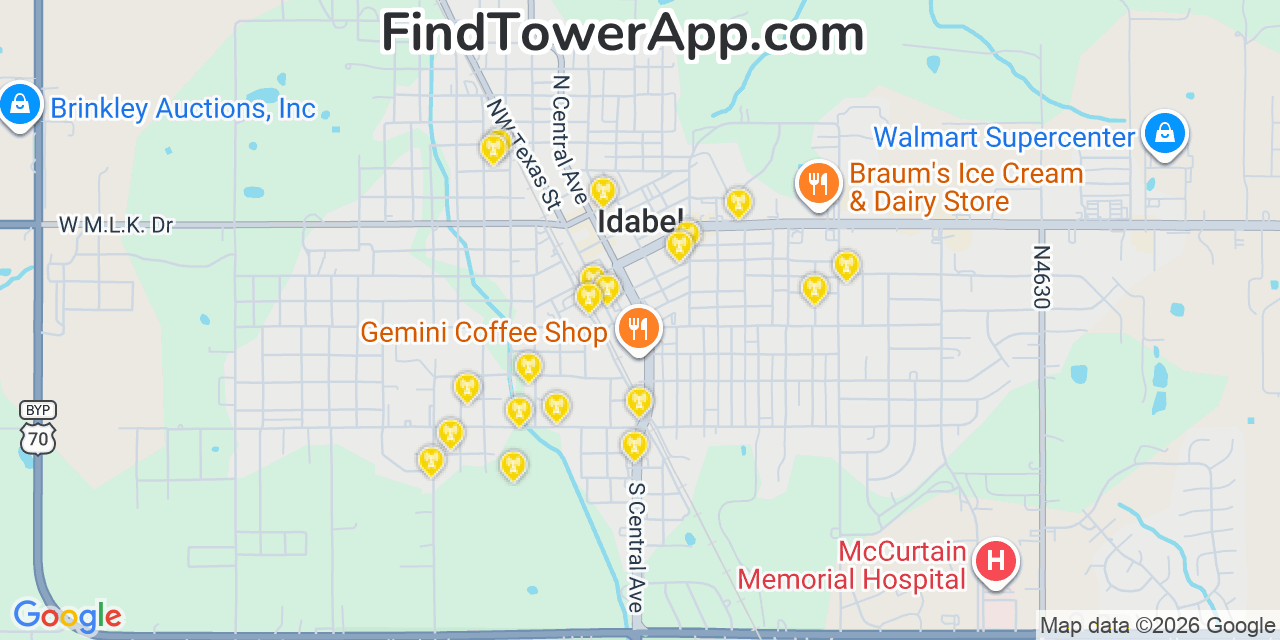 Map showing the 20 primary cell tower locations detected in Idabel, Oklahoma from AT&T, Verizon, and T-Mobile networks