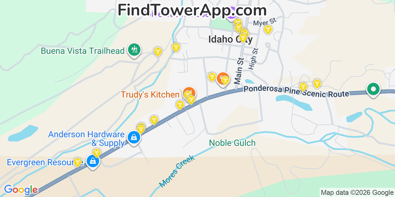 Map showing the 20 primary cell tower locations detected in Idaho City, Idaho from AT&T, Verizon, and T-Mobile networks