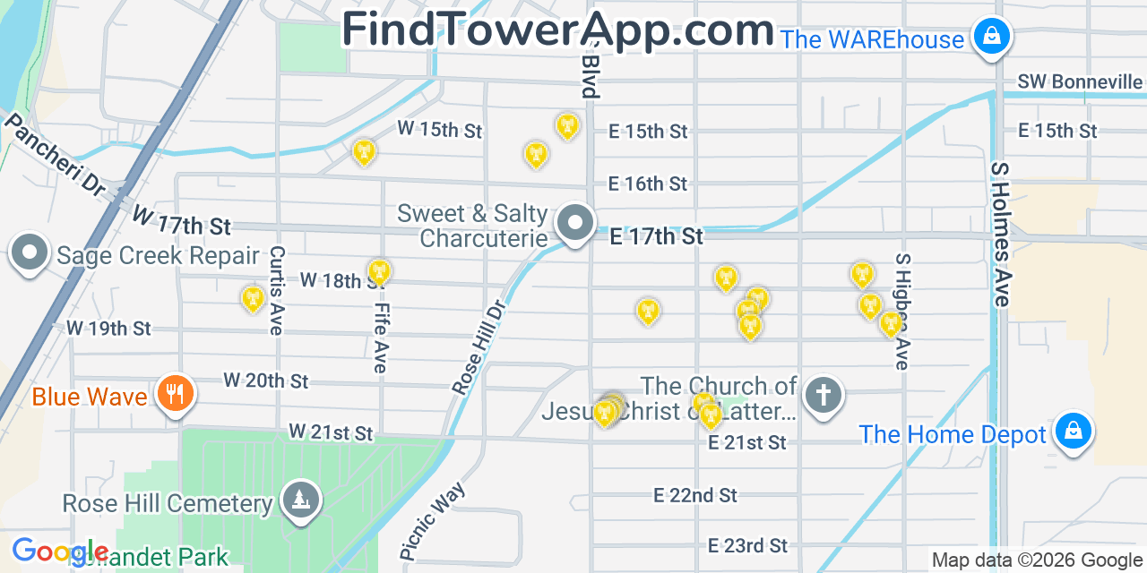 Map showing the 20 primary cell tower locations detected in Idaho Falls, Idaho from AT&T, Verizon, and T-Mobile networks